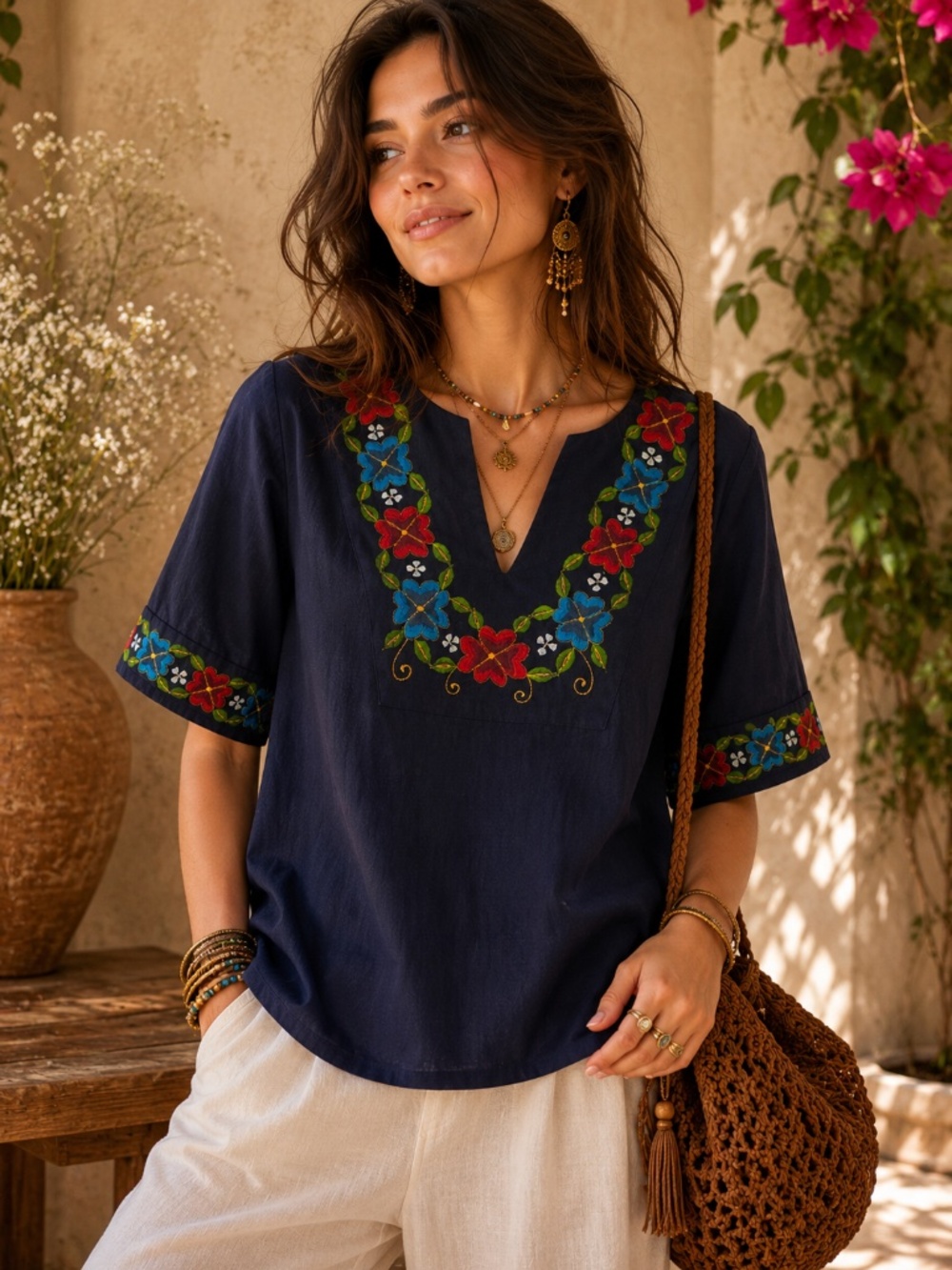 Mexico crochet boxy navy floral top M/L cuff/sleeve bohemian cottage core beach